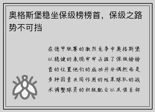 奥格斯堡稳坐保级榜榜首，保级之路势不可挡